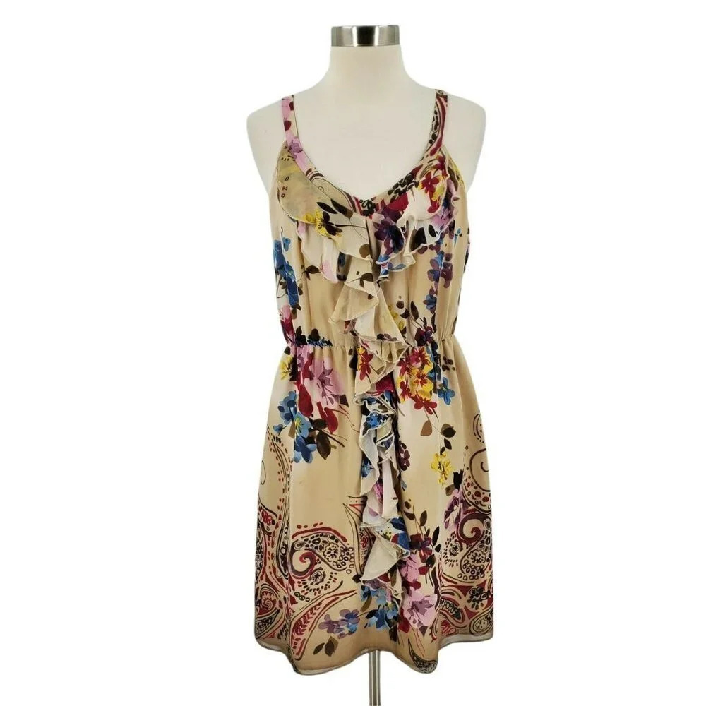 Suzi Chin for Maggy Boutique Silk Chiffon Ruffle Front Floral Dress Tan Size 10